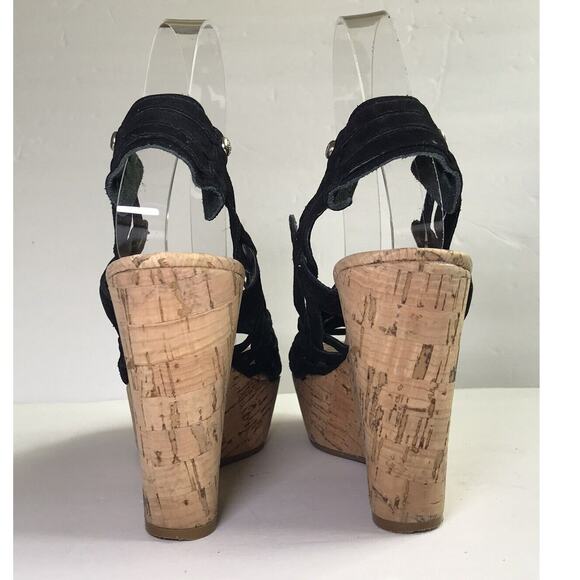 Juicy Couture Women's 6.5 Suede Cork Strappy Black Wedge Sandals Y2K Boho Retro - Picture 10 of 13